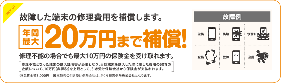 故障した端末の修理費用を補償します。年間最大20万円まで補償！修理不能の場合でも最大10万円の保険金を受け取れます。